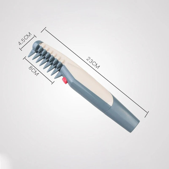 "Quiet wireless pet grooming trimmer for dogs and cats, featuring sleek design and rounded cutting heads for safe use."