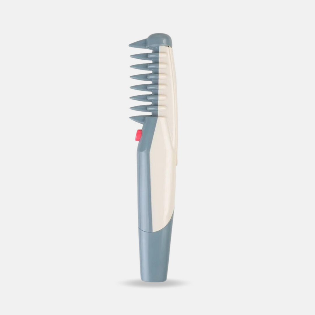 "Quiet wireless pet grooming trimmer for dogs and cats, featuring sleek design and rounded cutting heads for safe use."