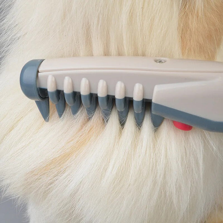 "Quiet wireless pet grooming trimmer for dogs and cats, featuring sleek design and rounded cutting heads for safe use."