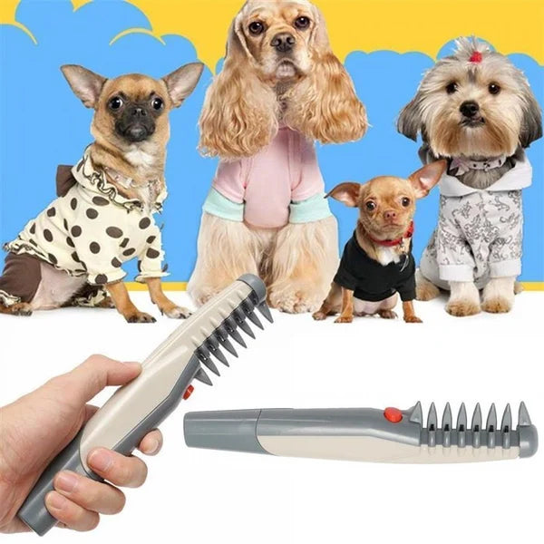 "Quiet wireless pet grooming trimmer for dogs and cats, featuring sleek design and rounded cutting heads for safe use."
