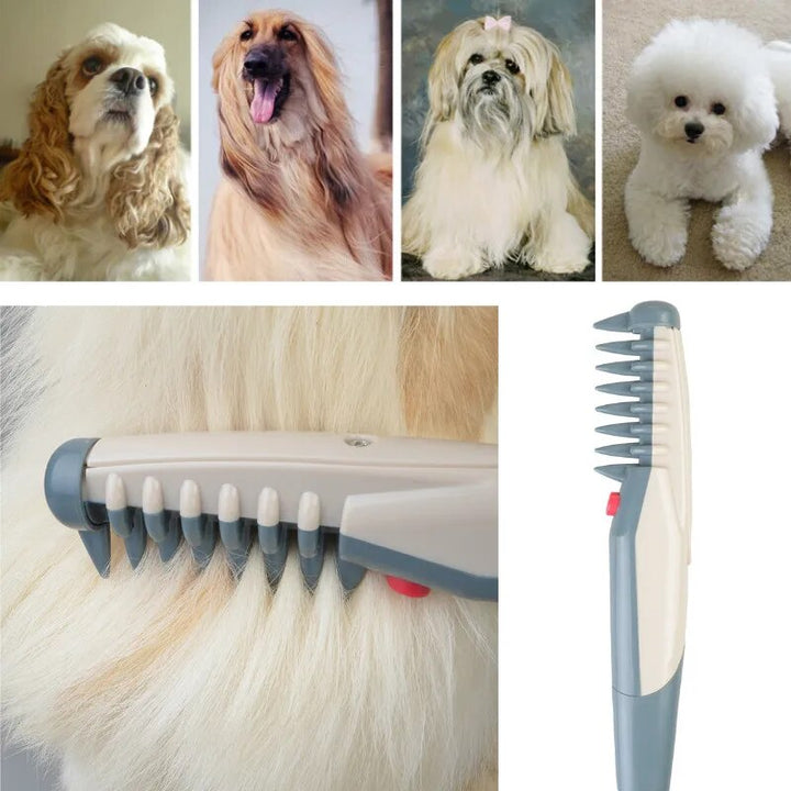 "Quiet wireless pet grooming trimmer for dogs and cats, featuring sleek design and rounded cutting heads for safe use."