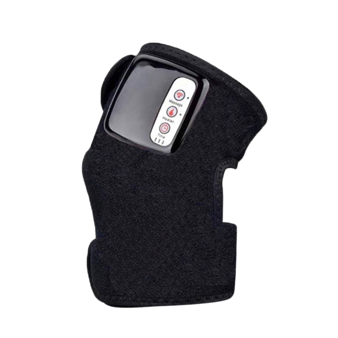Rechargeable heated knee massager, black, combines heat and vibration for pain relief and improved blood circulation.