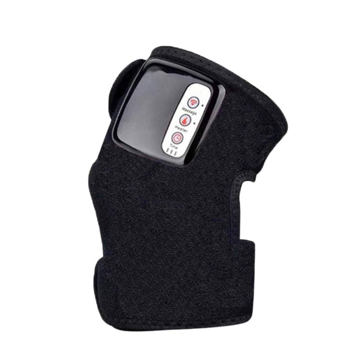 Rechargeable heated knee massager, black, combines heat and vibration for pain relief and improved blood circulation.