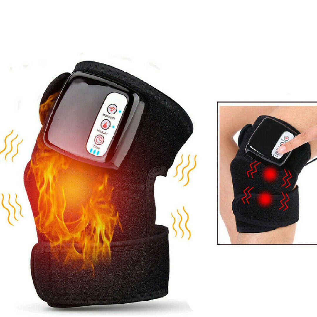 Rechargeable heated knee massager, black, combines heat and vibration for pain relief and improved blood circulation.