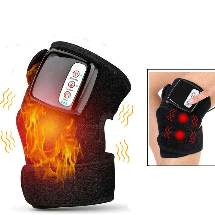 Rechargeable heated knee massager, black, combines heat and vibration for pain relief and improved blood circulation.