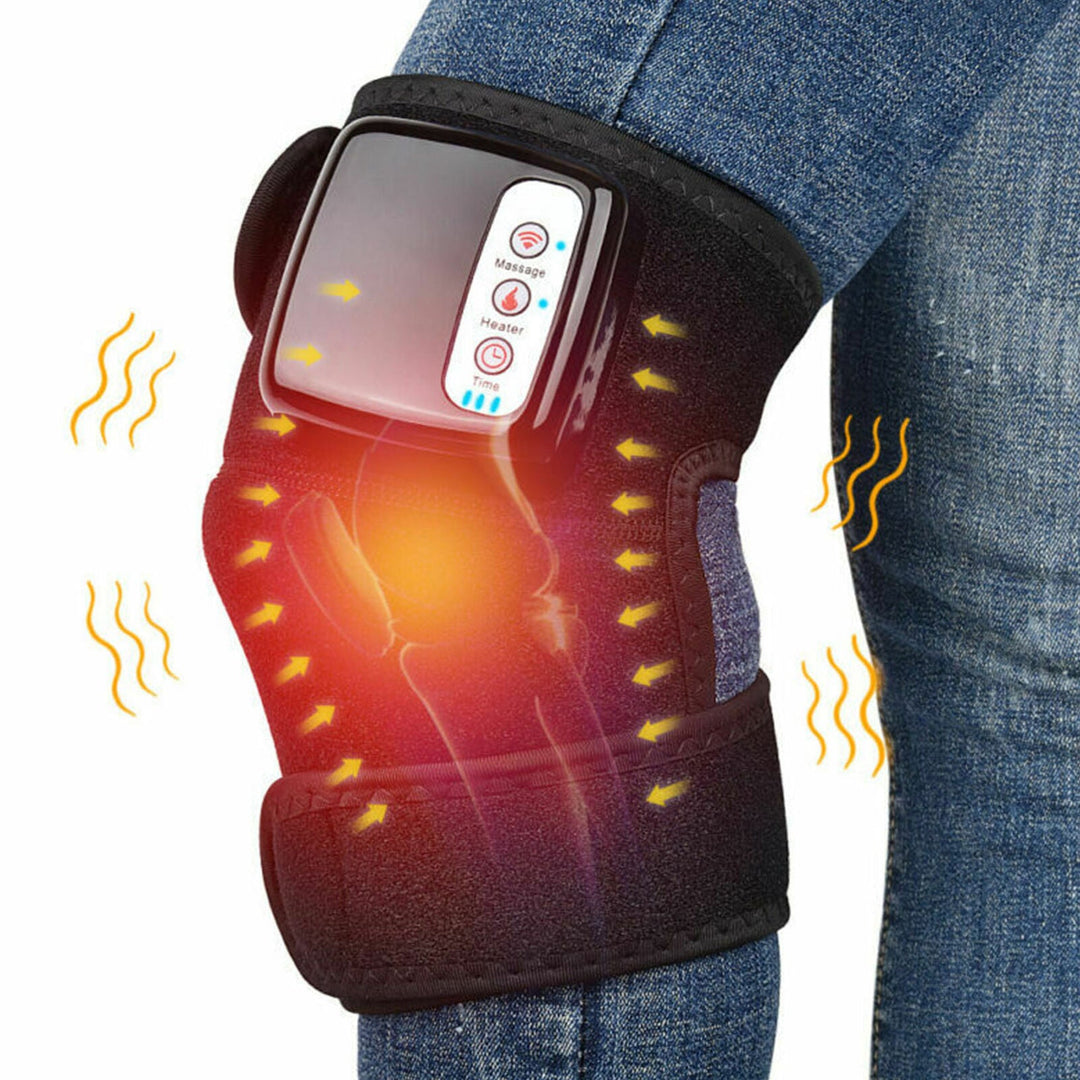 Rechargeable heated knee massager, black, combines heat and vibration for pain relief and improved blood circulation.