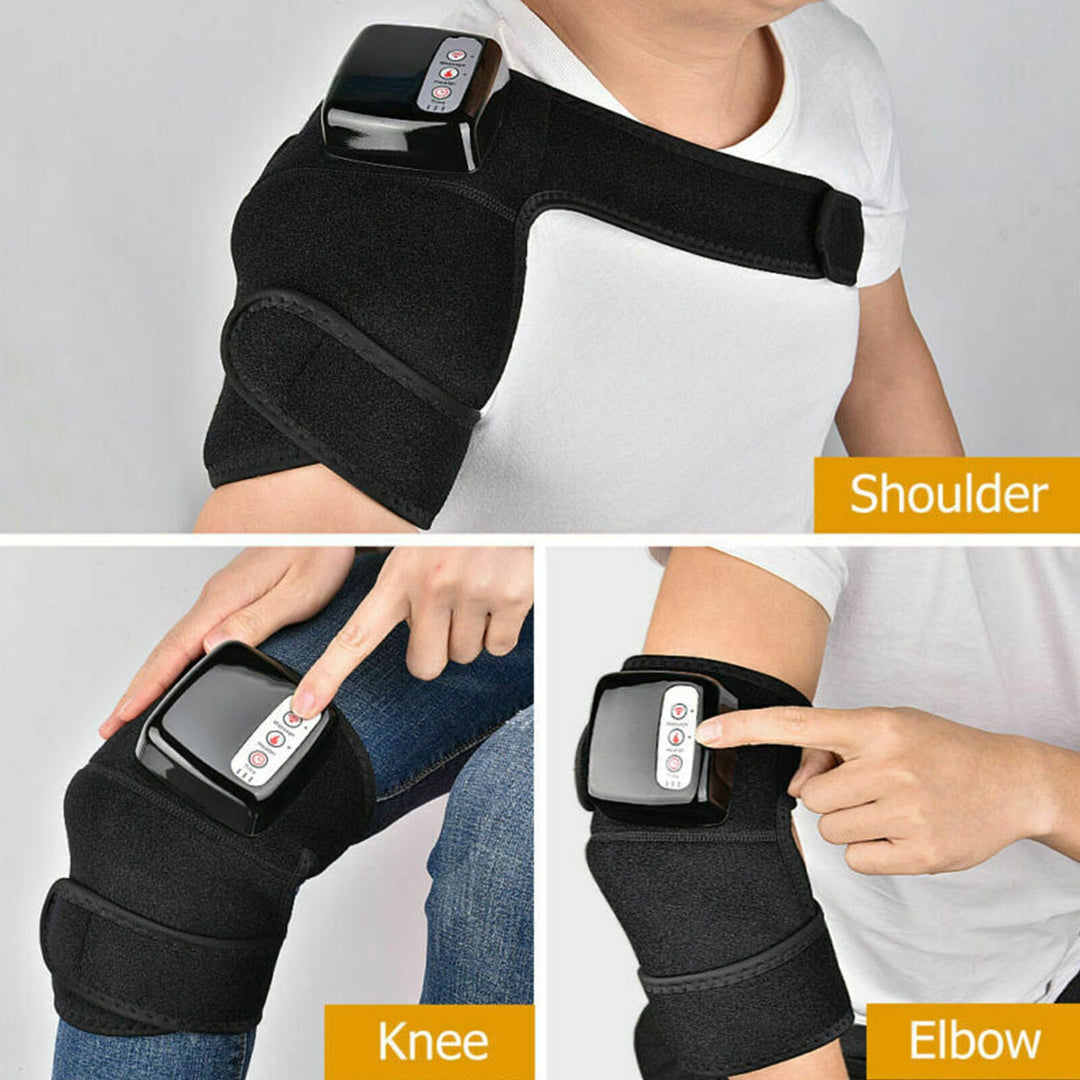 Rechargeable heated knee massager, black, combines heat and vibration for pain relief and improved blood circulation.