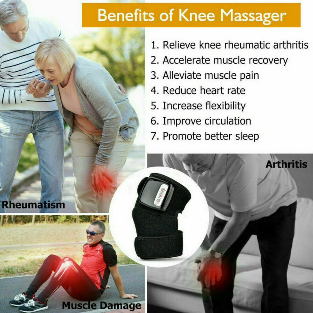 Rechargeable heated knee massager, black, combines heat and vibration for pain relief and improved blood circulation.