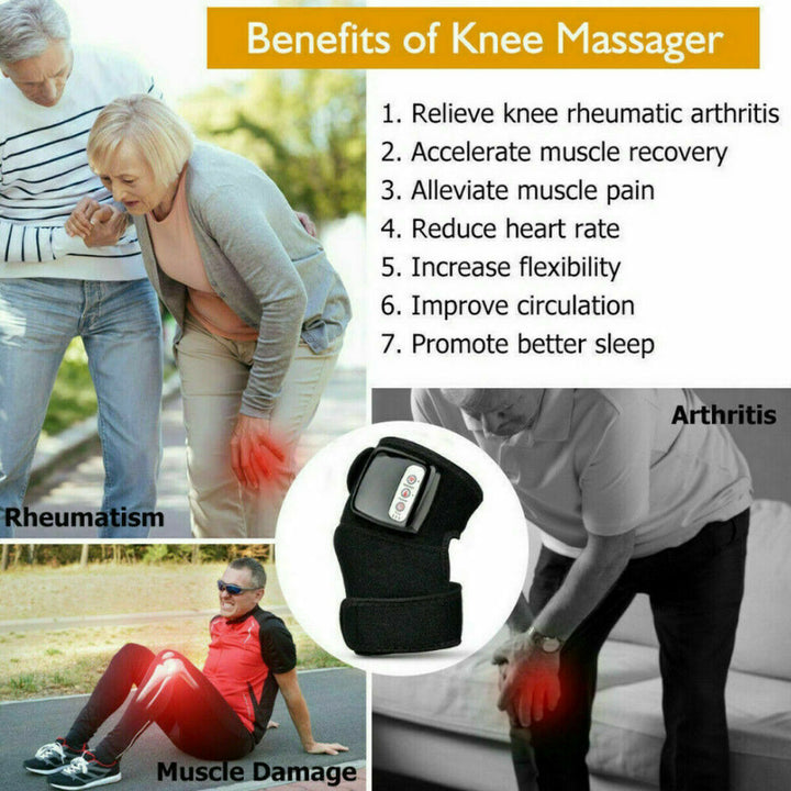 Rechargeable heated knee massager, black, combines heat and vibration for pain relief and improved blood circulation.