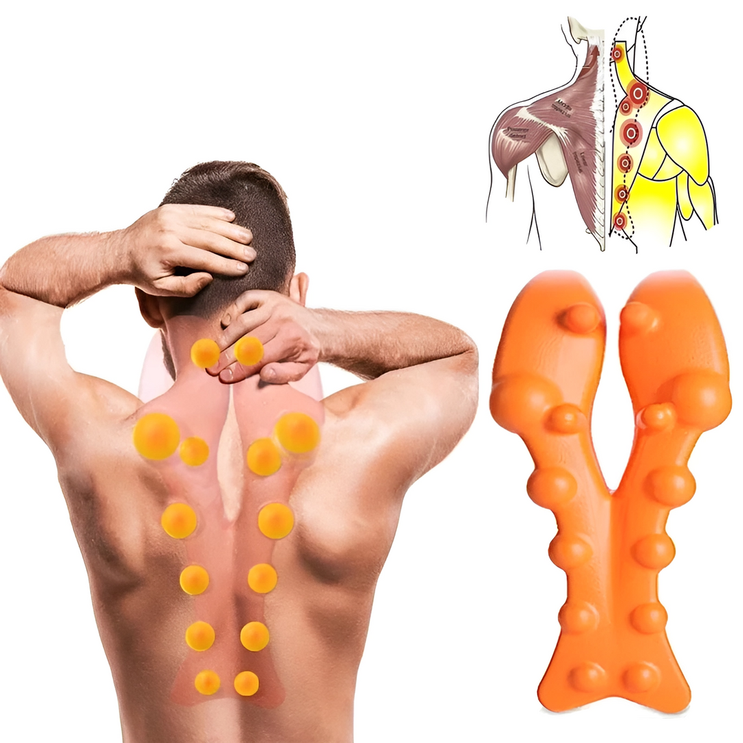 "RelaxTherapy neck and shoulder massager for pain relief, ergonomic design in high-quality materials, perfect for tension eas