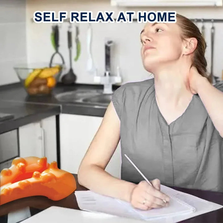 "RelaxTherapy neck and shoulder massager for pain relief, ergonomic design in high-quality materials, perfect for tension eas