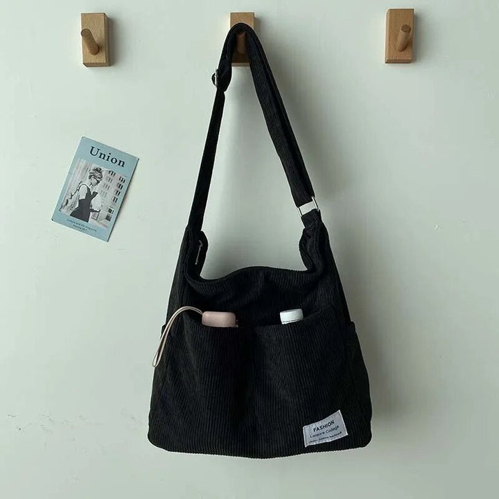 Ribbed velvet shoulder bag in beige, black, brown, green, grey with spacious interior for stylish, organized essentials.