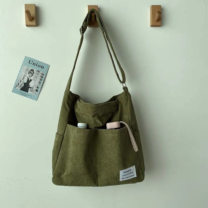Ribbed velvet shoulder bag in beige, black, brown, green, grey with spacious interior for stylish, organized essentials.