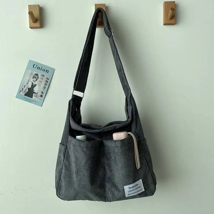 Ribbed velvet shoulder bag in beige, black, brown, green, grey with spacious interior for stylish, organized essentials.