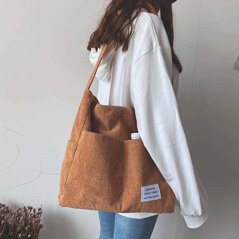 Ribbed velvet shoulder bag in beige, black, brown, green, grey with spacious interior for stylish, organized essentials.