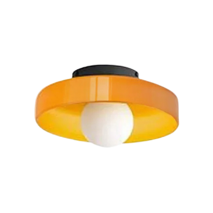 "Round ceiling lamp of high-quality glass in vibrant orange, stylish design, perfect for modern interiors, enhancing any spac