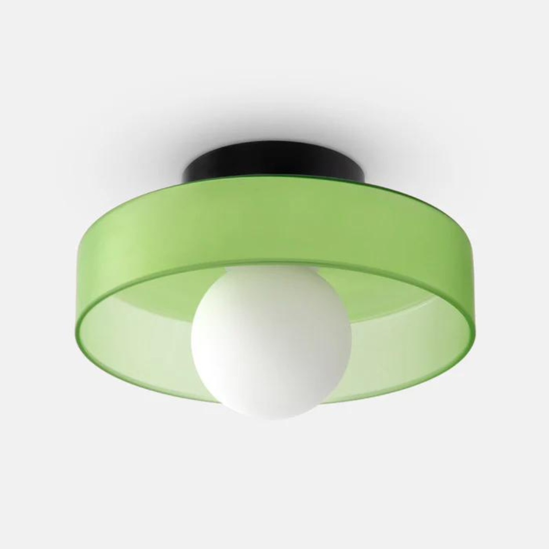 "Round ceiling lamp of high-quality glass in vibrant orange, stylish design, perfect for modern interiors, enhancing any spac