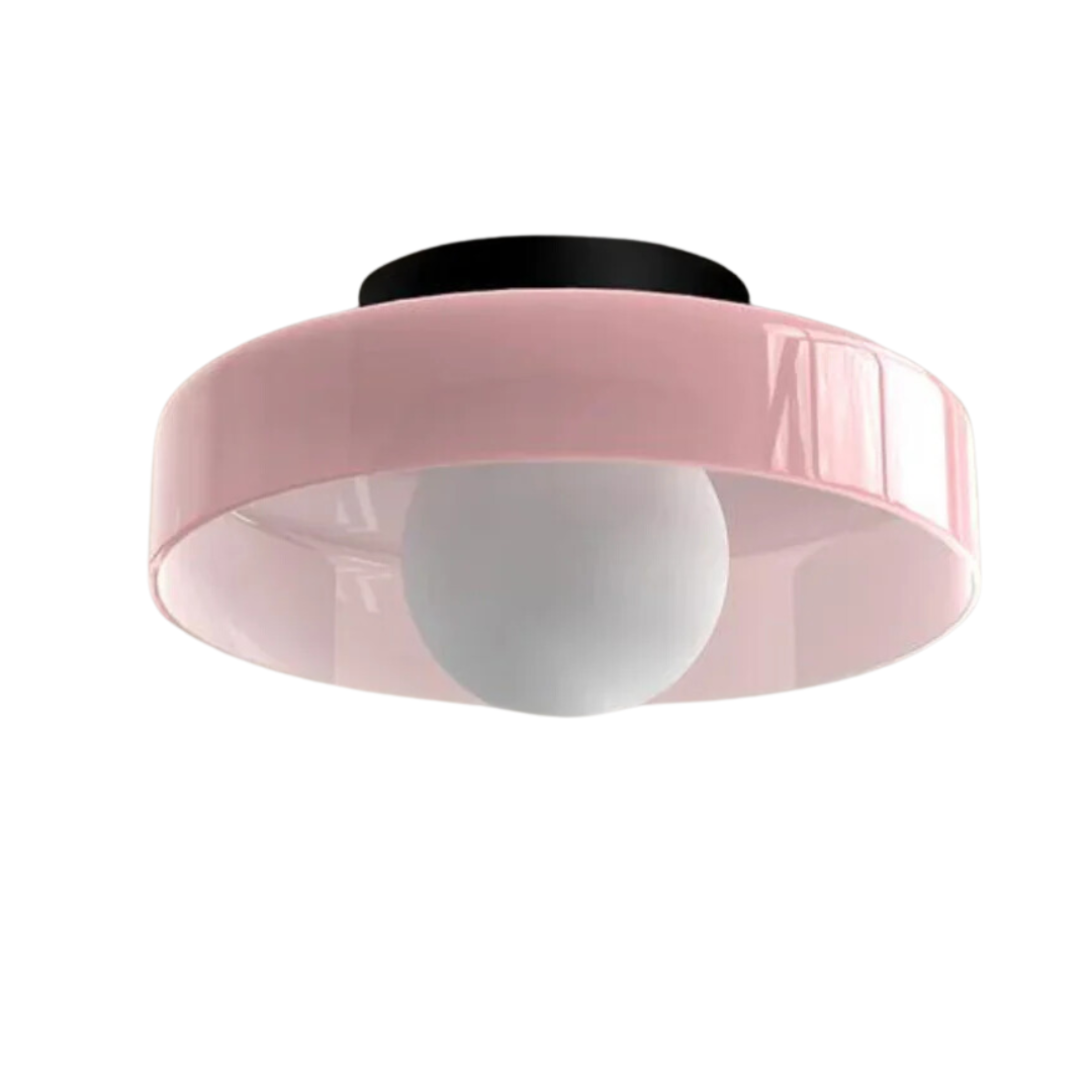 "Round ceiling lamp of high-quality glass in vibrant orange, stylish design, perfect for modern interiors, enhancing any spac