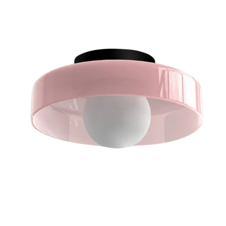 "Round ceiling lamp of high-quality glass in vibrant orange, stylish design, perfect for modern interiors, enhancing any spac