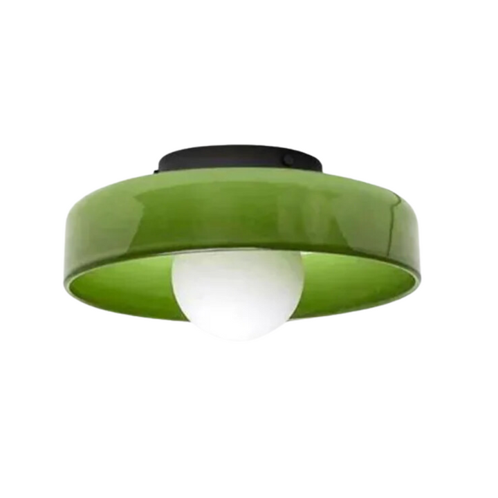 "Round ceiling lamp of high-quality glass in vibrant orange, stylish design, perfect for modern interiors, enhancing any spac