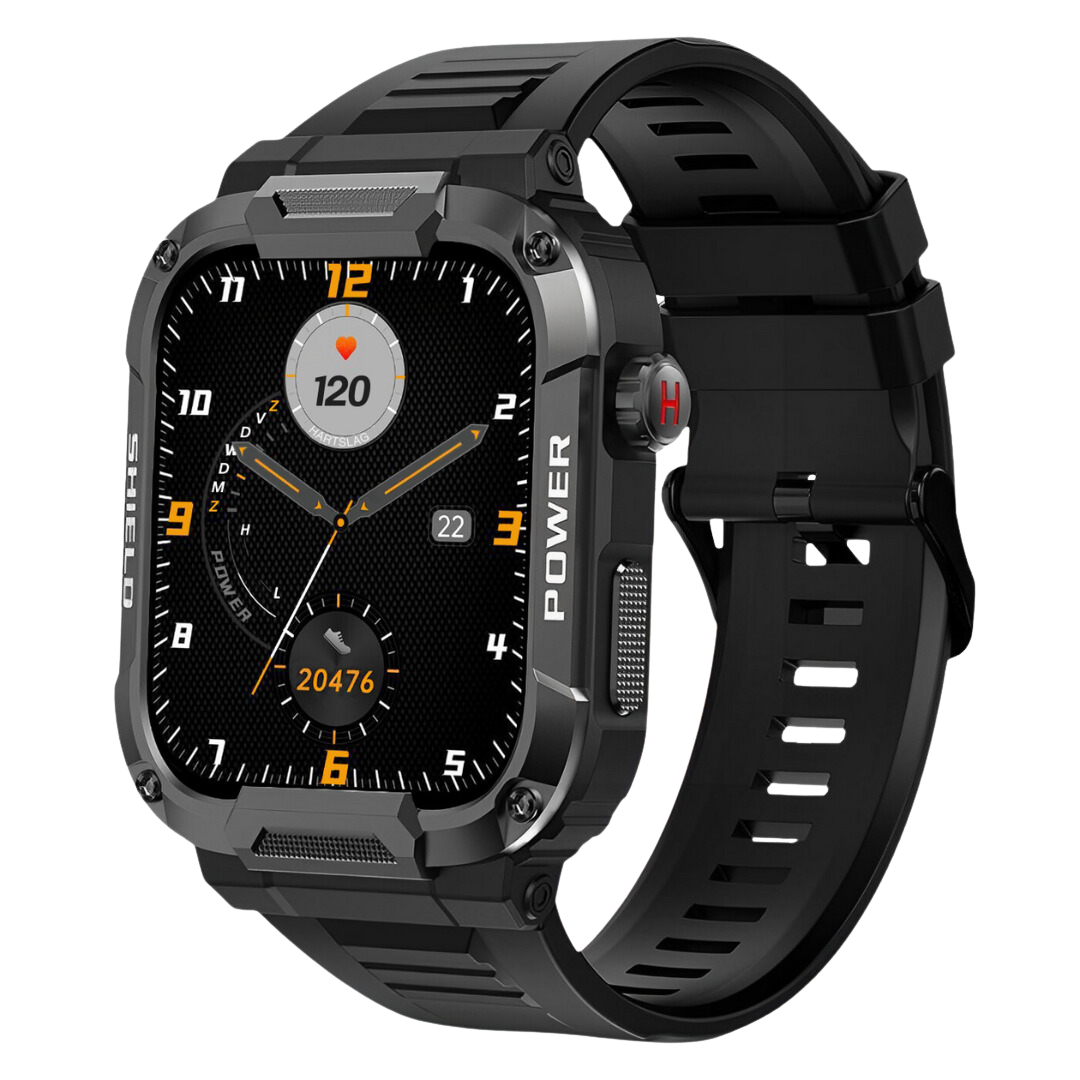 Rugged mens smartwatch, IP67 water-resistant, black, 1.85" screen, durable design for outdoor adventures.