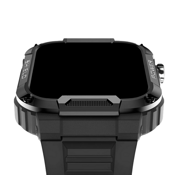 Rugged mens smartwatch, IP67 water-resistant, black, 1.85" screen, durable design for outdoor adventures.
