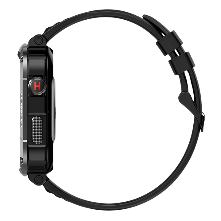 Rugged mens smartwatch, IP67 water-resistant, black, 1.85" screen, durable design for outdoor adventures.
