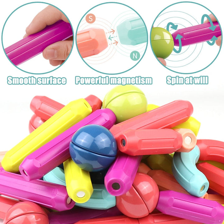 Set of colorful magnetic building blocks for kids, designed to create various shapes and encourage creative play.
