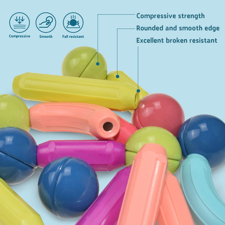 Set of colorful magnetic building blocks for kids, designed to create various shapes and encourage creative play.