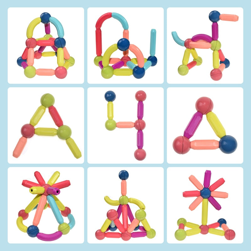 Set of colorful magnetic building blocks for kids, designed to create various shapes and encourage creative play.
