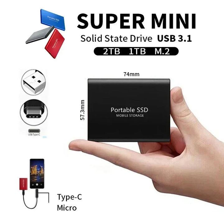 "Sleek black SpeedDrive Pro 2TB SSD, portable with USB3.1 and M.2 Type-C, ideal for fast data transfer and storage."