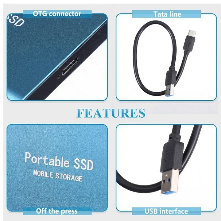 "Sleek black SpeedDrive Pro 2TB SSD, portable with USB3.1 and M.2 Type-C, ideal for fast data transfer and storage."
