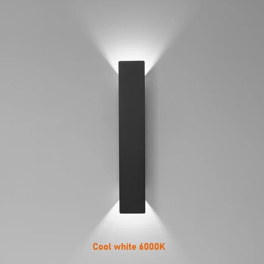 "Sleek black weatherproof LED wall light for outdoor use, featuring modern design and durable aluminum construction."