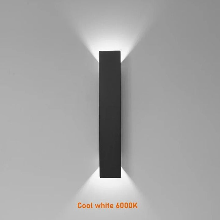 "Sleek black weatherproof LED wall light for outdoor use, featuring modern design and durable aluminum construction."