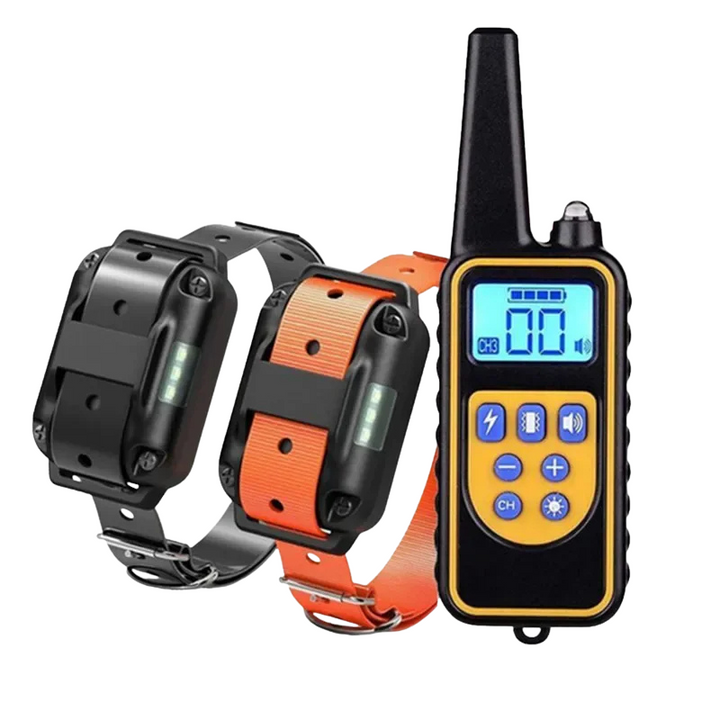 "Smart dog training collar with remote, sleek design, durable plastic, stainless steel, waterproof for outdoor use."