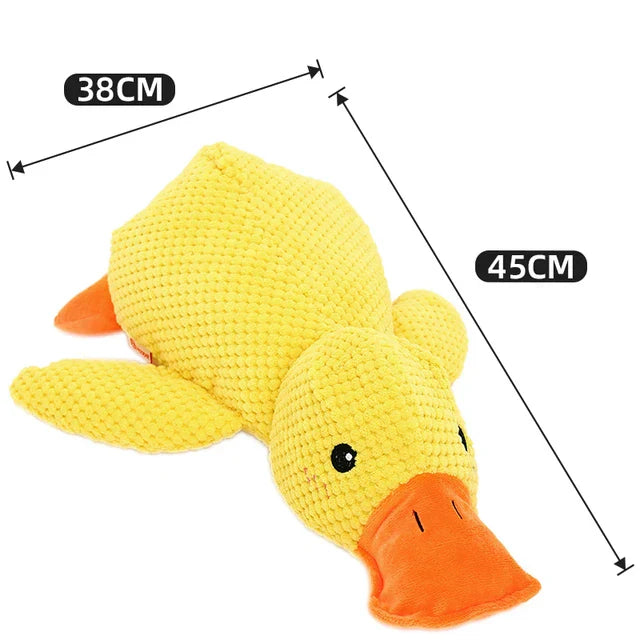 Soft plush duck toy for dogs, anti-stress companion, soothing comfort, gentle squeak, durable pet supplies.