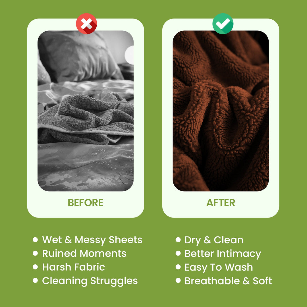 "Soft waterproof intimacy blanket providing comfort and protection, available in various sizes and attractive colors."