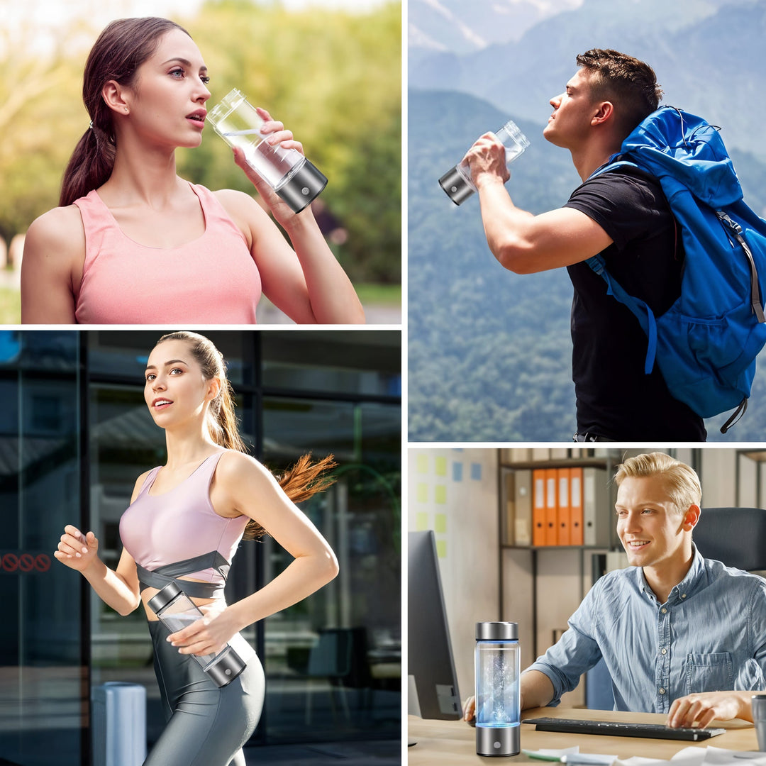 "Stainless steel hydrogen water ionizer bottle, enhances well-being, boosts energy, improves skin health, eco-friendly design
