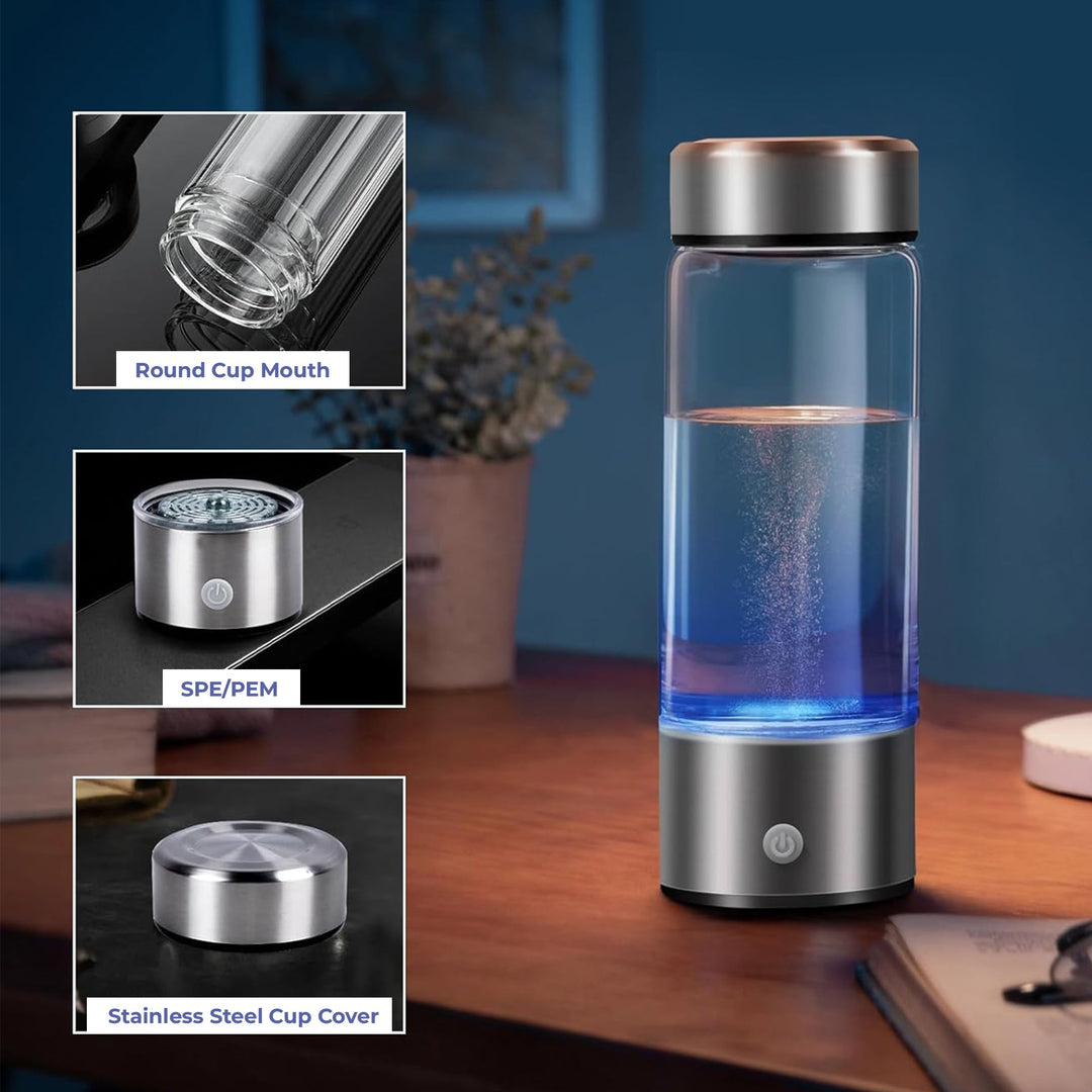 "Stainless steel hydrogen water ionizer bottle, enhances well-being, boosts energy, improves skin health, eco-friendly design