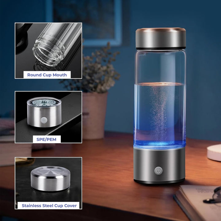 "Stainless steel hydrogen water ionizer bottle, enhances well-being, boosts energy, improves skin health, eco-friendly design