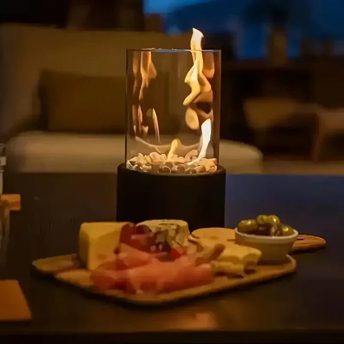 "Stylish portable table fire lantern with sleek design, soft flame flicker, steel and glass construction for cozy decor."