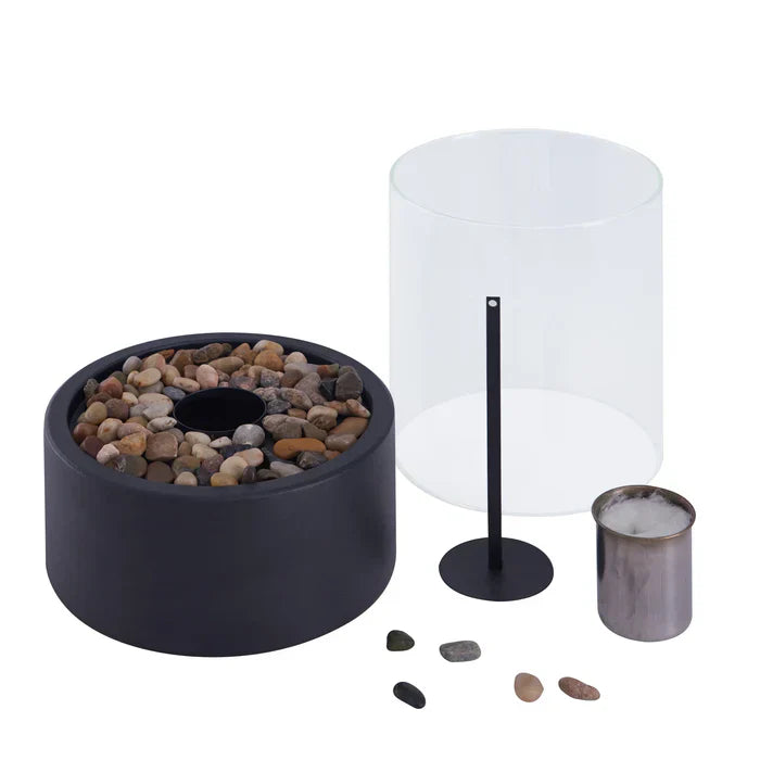 "Stylish portable table fire lantern with sleek design, soft flame flicker, steel and glass construction for cozy decor."