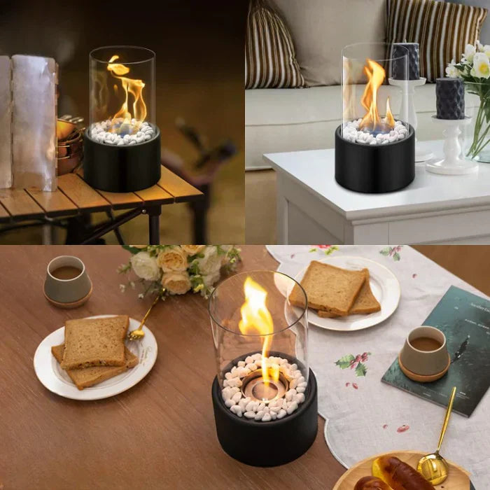 "Stylish portable table fire lantern with sleek design, soft flame flicker, steel and glass construction for cozy decor."