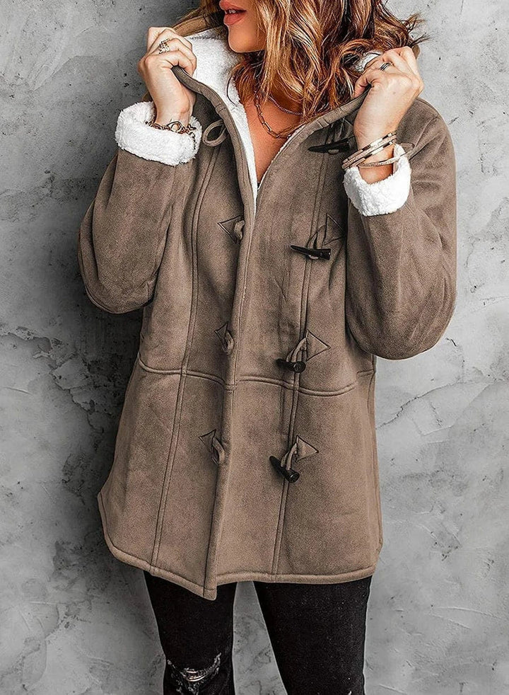 "Stylish women's fleece-lined hooded coat in various colors, ideal for warmth and casual elegance during cold months."