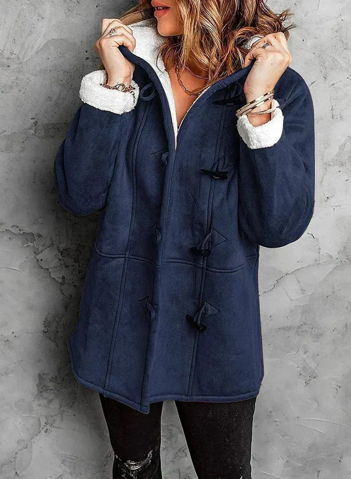 "Stylish women's fleece-lined hooded coat in various colors, ideal for warmth and casual elegance during cold months."