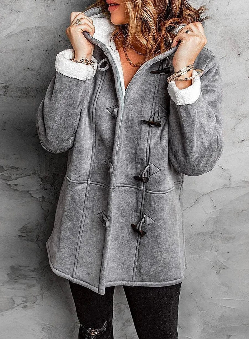 "Stylish women's fleece-lined hooded coat in various colors, ideal for warmth and casual elegance during cold months."