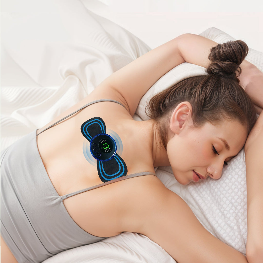 "TENS full body pain relief massager device with electrode patches, offers customizable intensity for muscle relaxation."