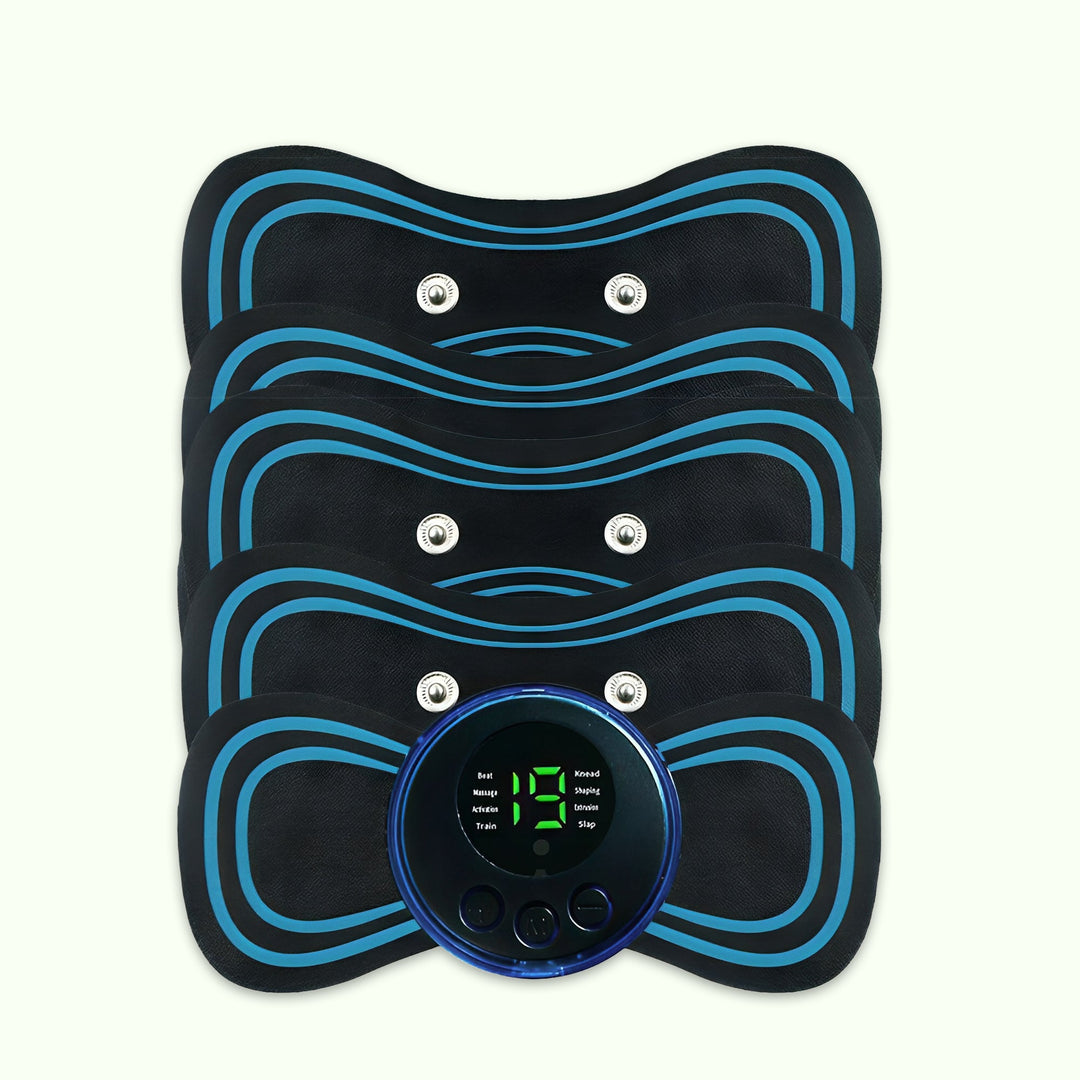 "TENS full body pain relief massager device with electrode patches, offers customizable intensity for muscle relaxation."