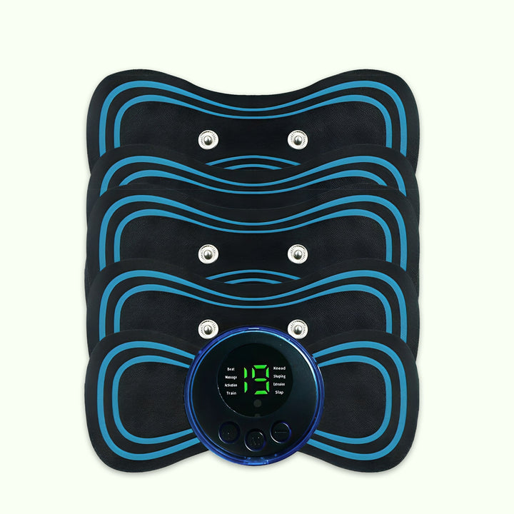 "TENS full body pain relief massager device with electrode patches, offers customizable intensity for muscle relaxation."