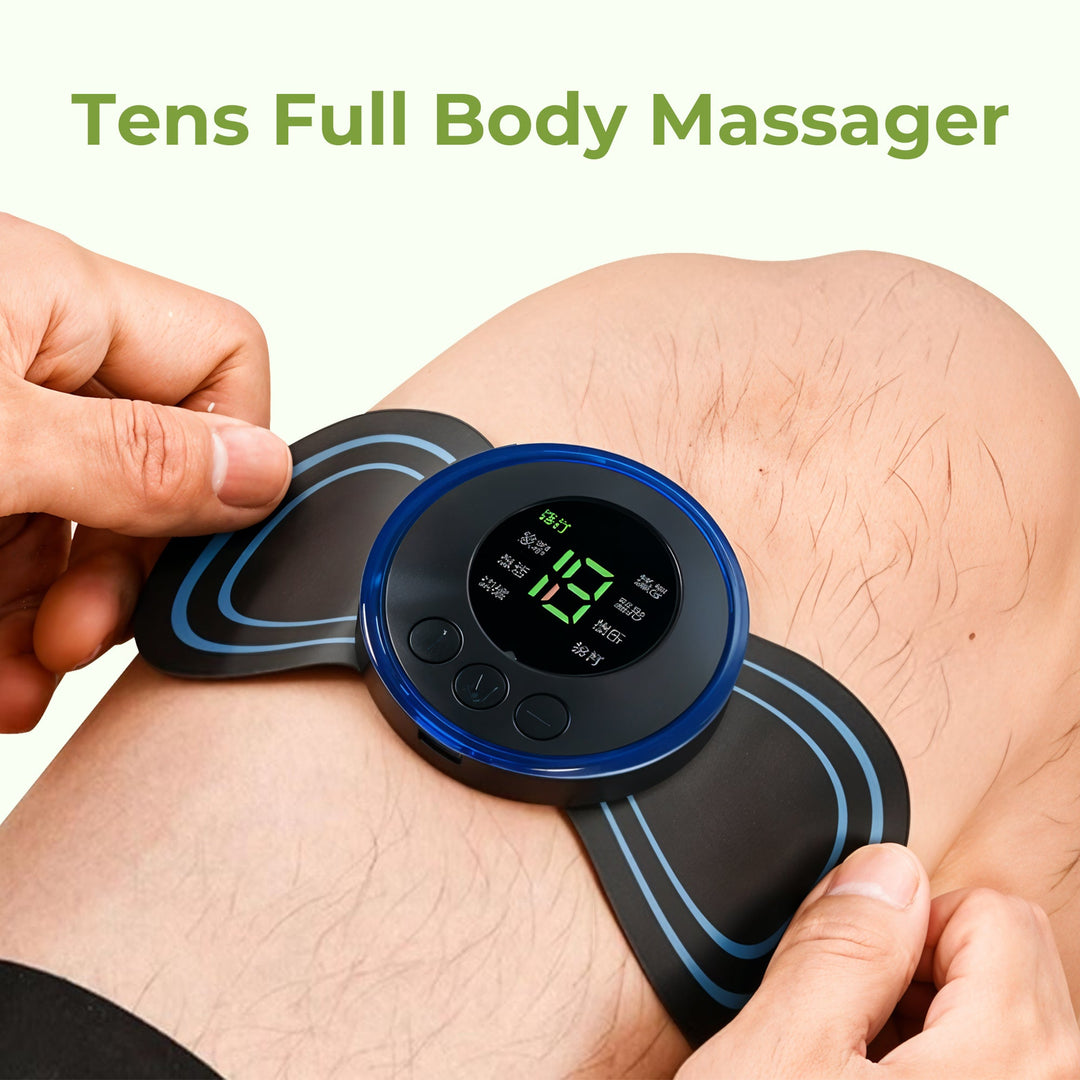 "TENS full body pain relief massager device with electrode patches, offers customizable intensity for muscle relaxation."